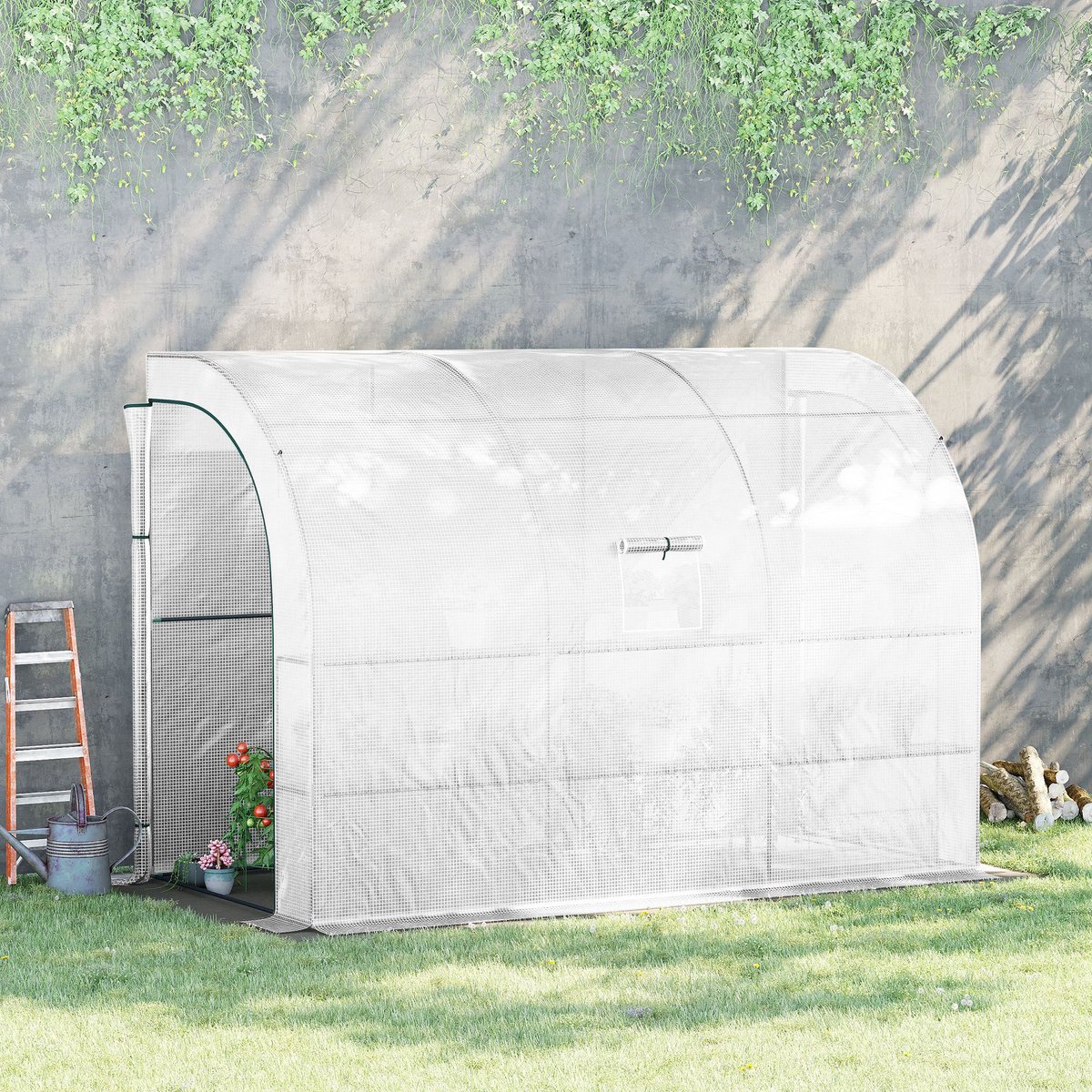 COVREO Muurkas 300x150x213 cm wit, kunststof met stalen frame en rekken