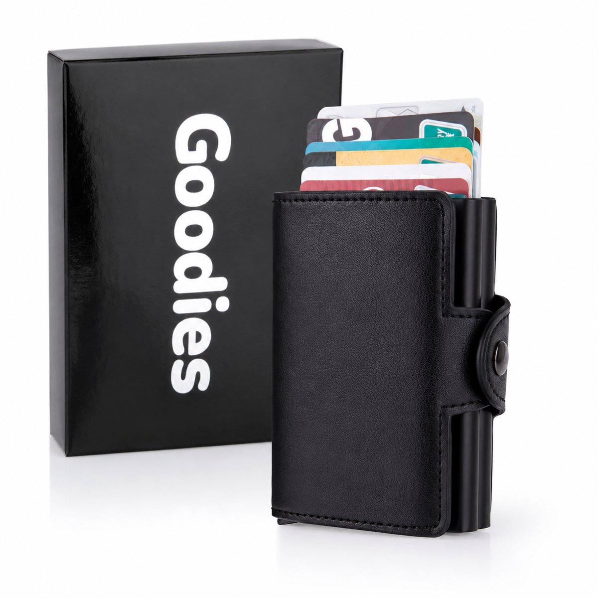 Goodies® Pasjeshouder Uitschuifbaar - RFID Creditcardhouder - 14 Pasjes - Anti-diefstal - Kaarthouder - Zwart - Leer & Aluminium - Incl. Cadeauverpakking