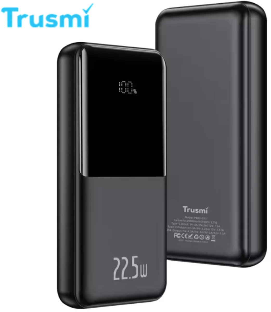 Trusmi PB03-13 Powerbank 22.5W 20000mAh - Zwart - Snelladen voor Telefoon, Tablet & Meer