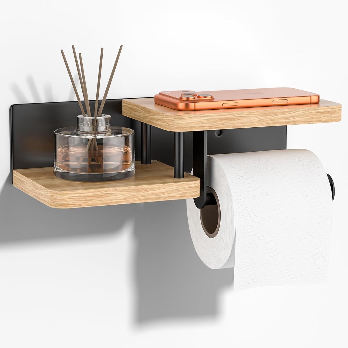Toiletpapierhouder met Opbergvak - Zwart - Houten Toiletpapierhouder met Roestvrij Stalen Bevestiging - Voor Badkamer en Keuken