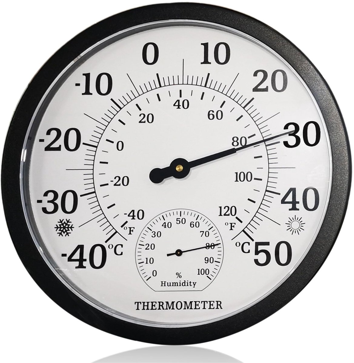 Grote Indoor Outdoor Thermometer - Zwart - 25 cm - Analoge Barometer met Luchtvochtigheidsmeter - Voor Binnen en Buiten