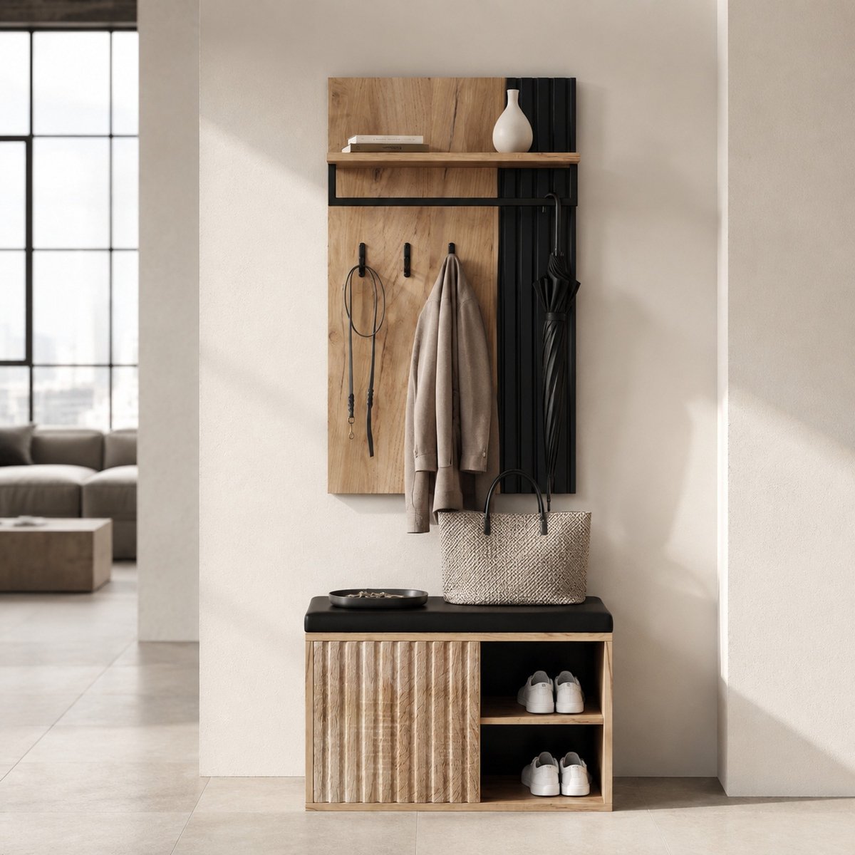 COVREO Schoenenkast 70x36x146 cm zwart natuur, spaanplaat met zitbank