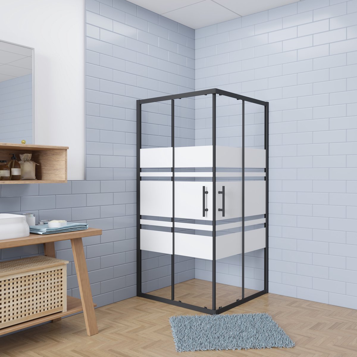 Aica Eenvoudig te monteren Douchecabine 90x90x195cm hoekinstap met schuifdeuren - 6mm veiligheidsglas EasyClean behandeld met wit zeefdruk design - mat zwarte aluminium Profiel