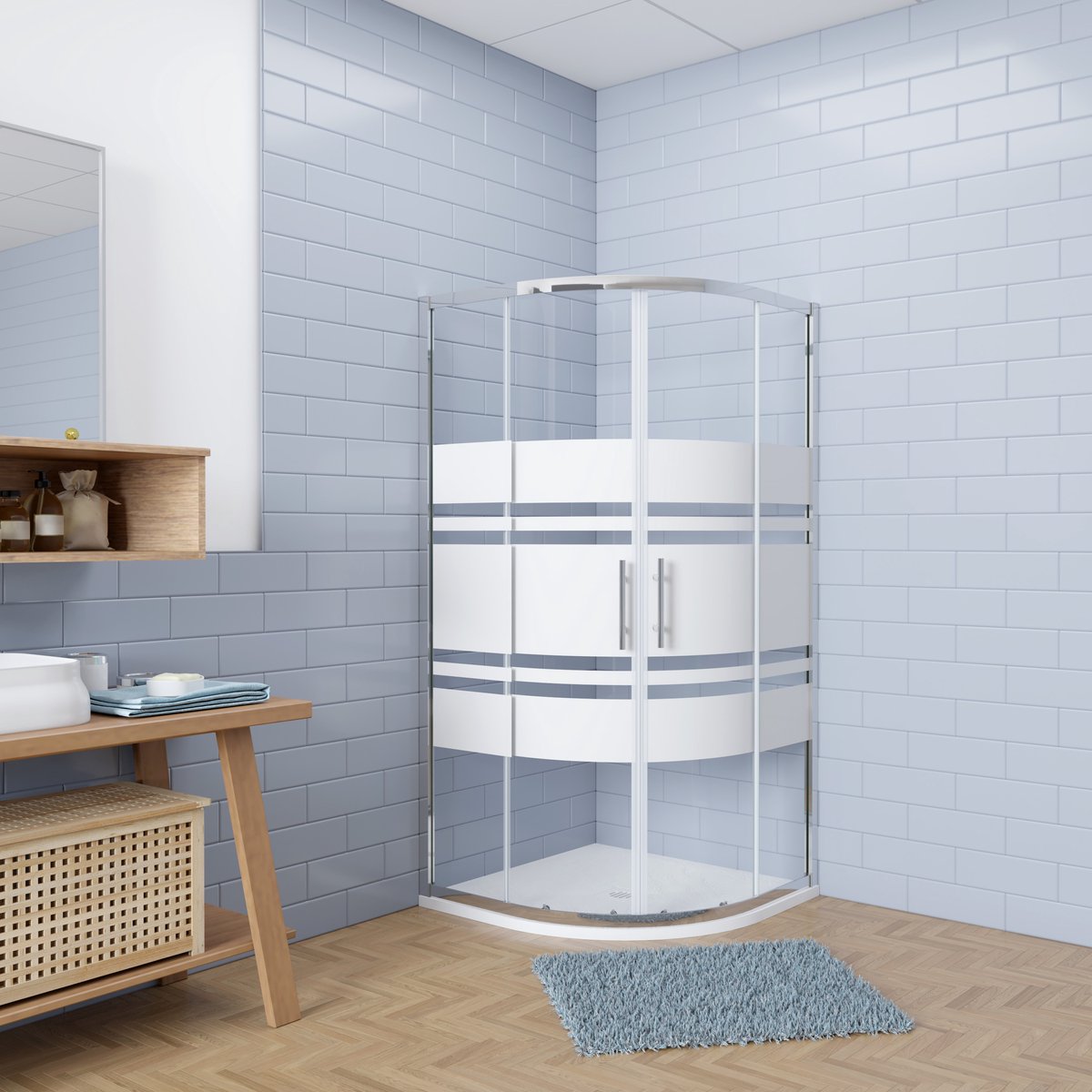 Aica Eenvoudig te monteren kwartronde Douchecabine 80x80x185cm hoekinstap met schuifdeuren incl. ultraplatte douchebak - Slate leisteenlook - incl. sifon - 6mm veiligheidsglas EasyClean behandeld met wit zeefdruk design - mat zwarte aluminium Profiel