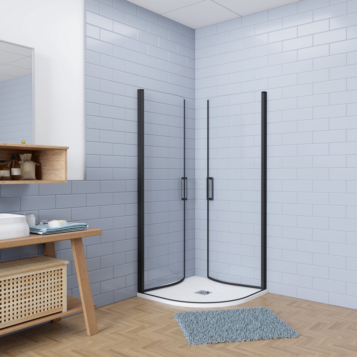 Aica Hoogwaardig stijl kwartronde Douchecabine 80x80x195cm dubbele draaideuren incl. wit ultraplatte douchebak - Slate leisteenlook - incl. sifon - 6mm gehard veiligheidsglas easyclean - mat zwarte aluminium Profiel