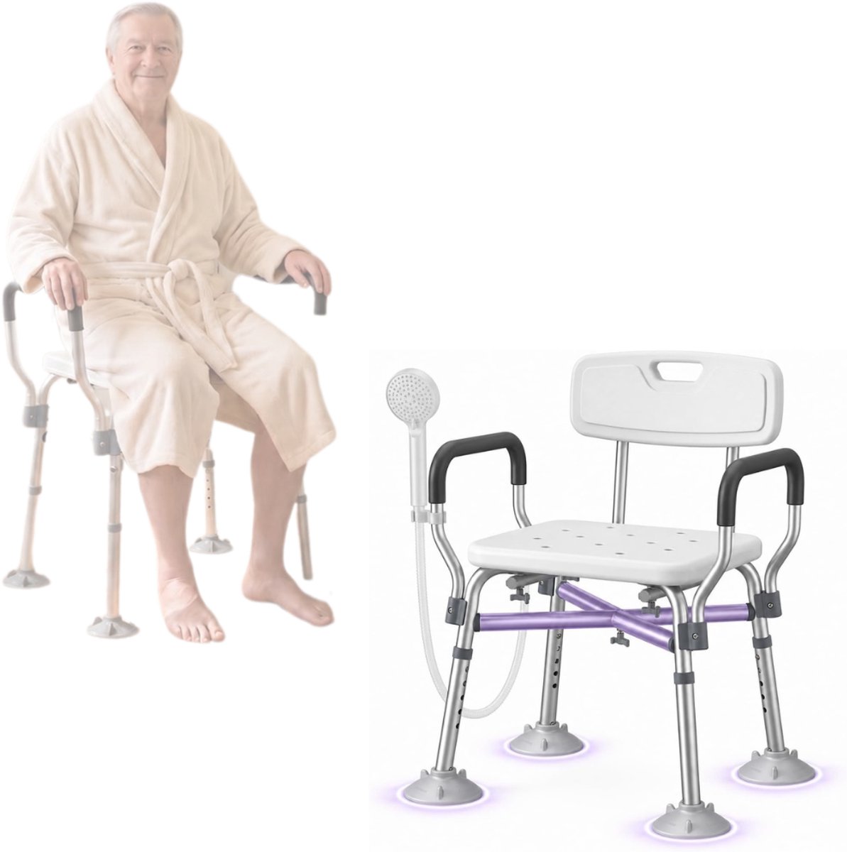 Zavio® Douchestoel met Armleuningen - Douchekruk Rug - Veilig Douchen