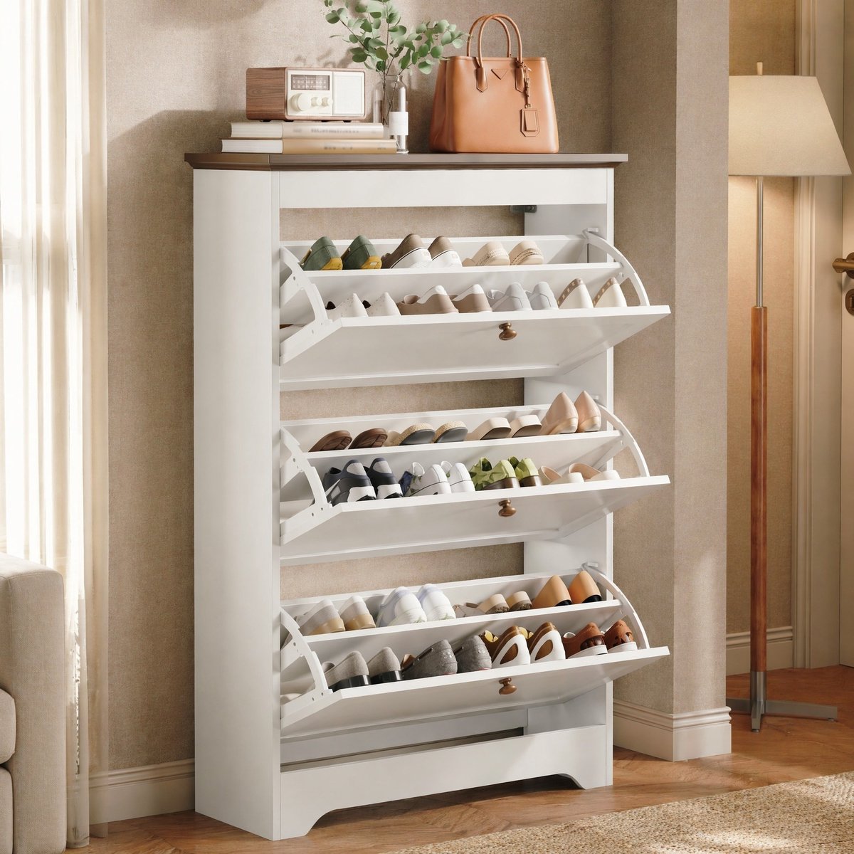 COVREO Schoenenkast 87x26x120 cm wit MDF, 3 kleppen met soft-close