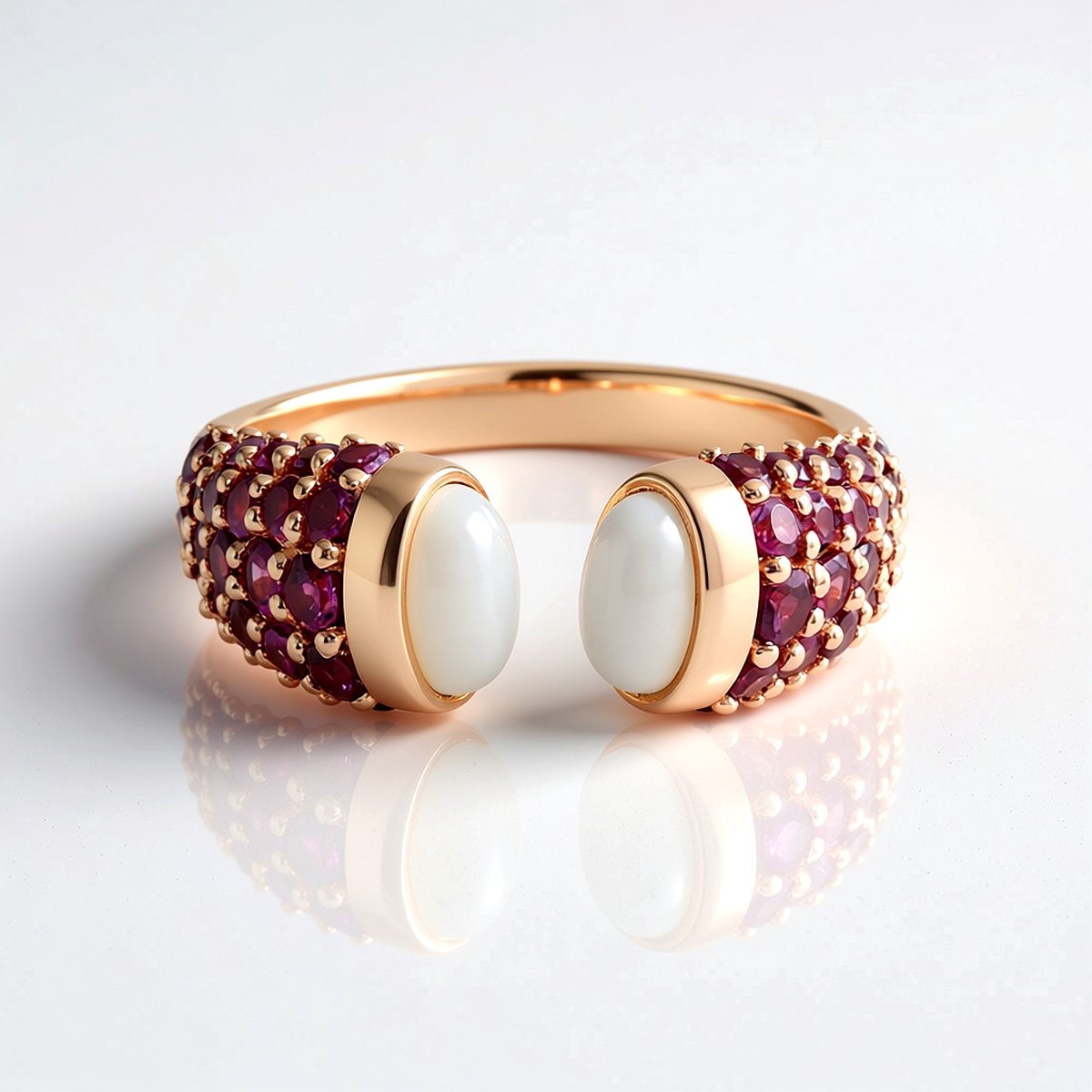 Cavill - Zilveren Ring met Witte Maansteen en Rhodolieten - 925 Sterling Zilver Roségoud Verguld - Ovaal Cabochon - Verstelbare Elegante Edelsteenring