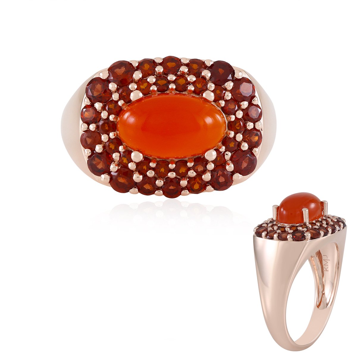 Cavill - Zilveren ring 925 sterling met roségoudverguld - Ovale rode carneool 2,25 ct met Indiase granaten 0,90 ct - Exclusieve cabochon ring vrouw