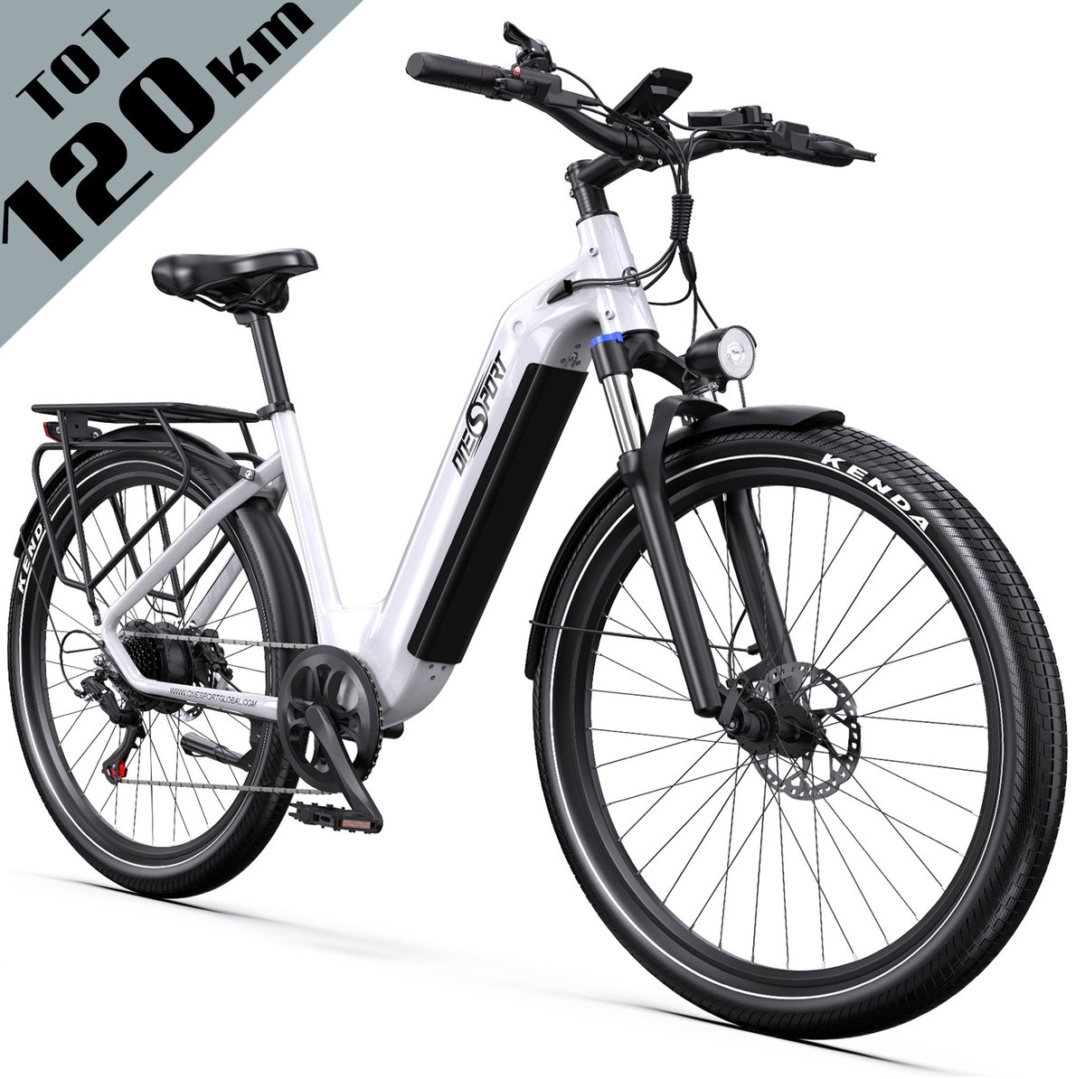 ONESPORT 27,5 inch elektrische fiets - tot 120 km actieradius - 655Wh grote accu - 36V 250W motor - koppelsensor - hydraulische schijfremmen - Shimano 7 versnellingen - mobiele app - wit
