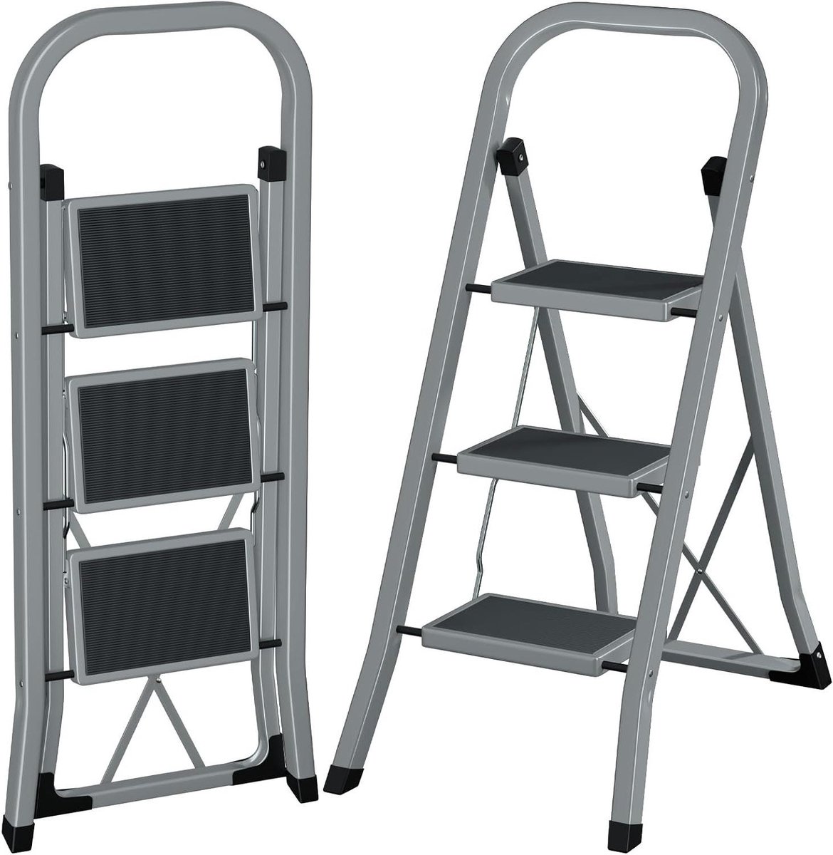Vouwladder 3 treden - Opstapladder Trapladder - Huishoudelijke taken - Veiligheidsvergrendeling Antislip pedaal - 150 kg draagvermogen - Grijs