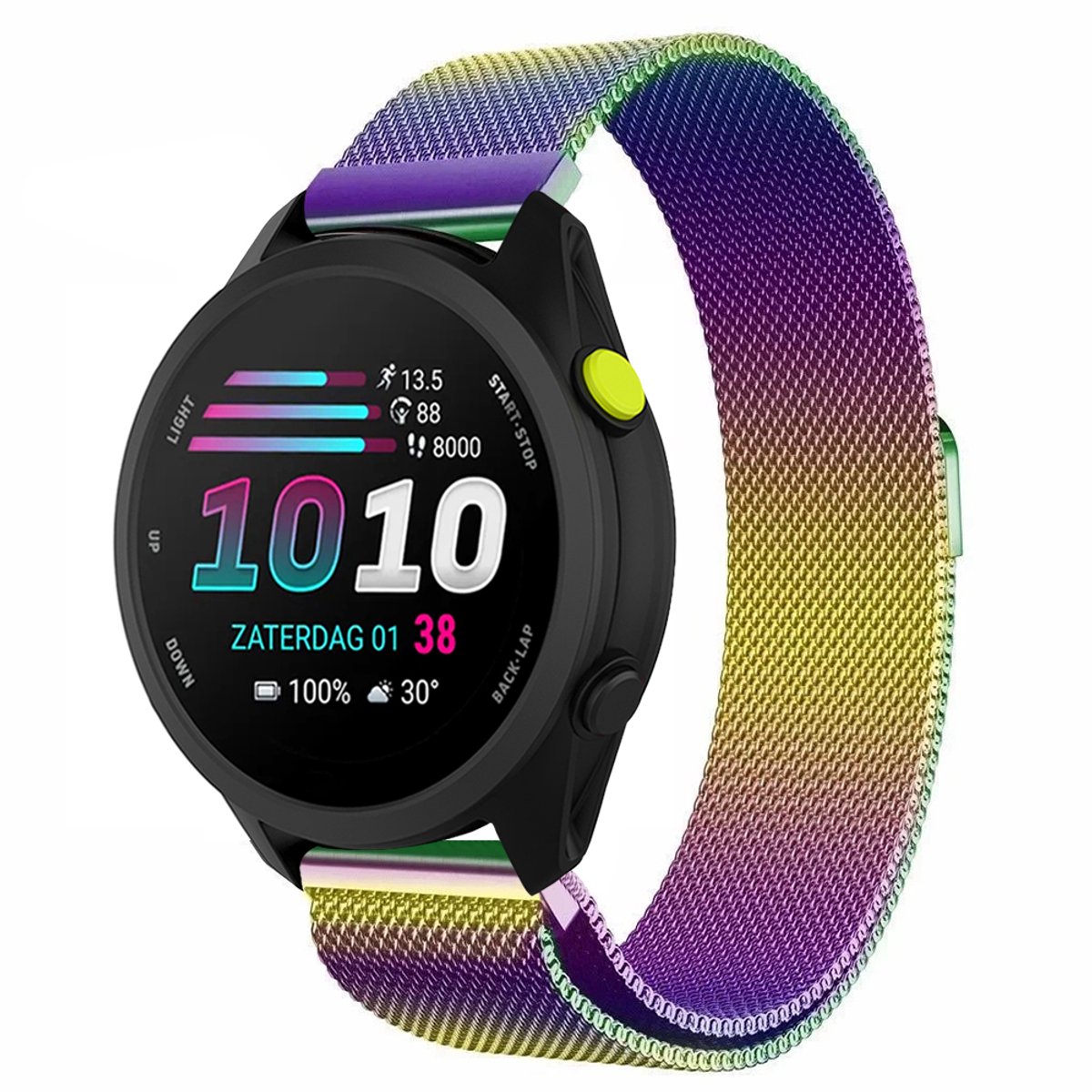 Stravo Milanees Bandje – Geschikt voor Garmin Forerunner 70 / 170 / 55 / 165 / 245, Vivoactive 6 / 5 / 3, Venu SQ 2 – Metalen Milanese Horlogebandje – Kleurrijk