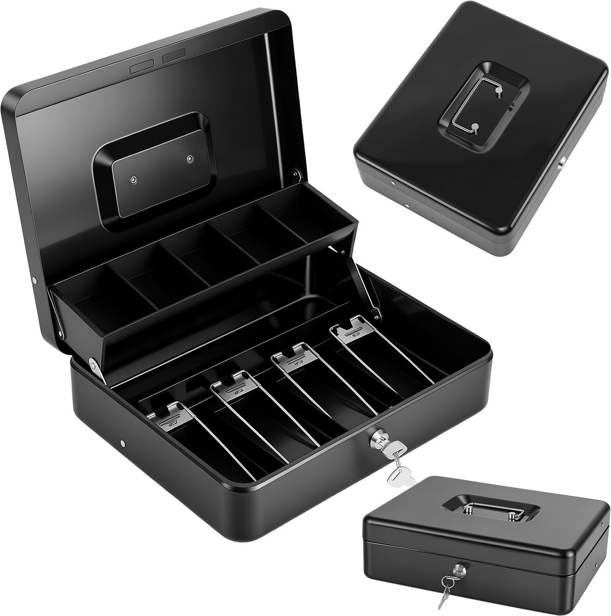 Draagbare Kassa Box Metalen met Sleutelslot, 5 Vakken Muntlade en 4 Biljetklemmen, Afsluitbare Geldkist voor Winkel, Evenementen en Thuis, Zwart 30×24×9cm