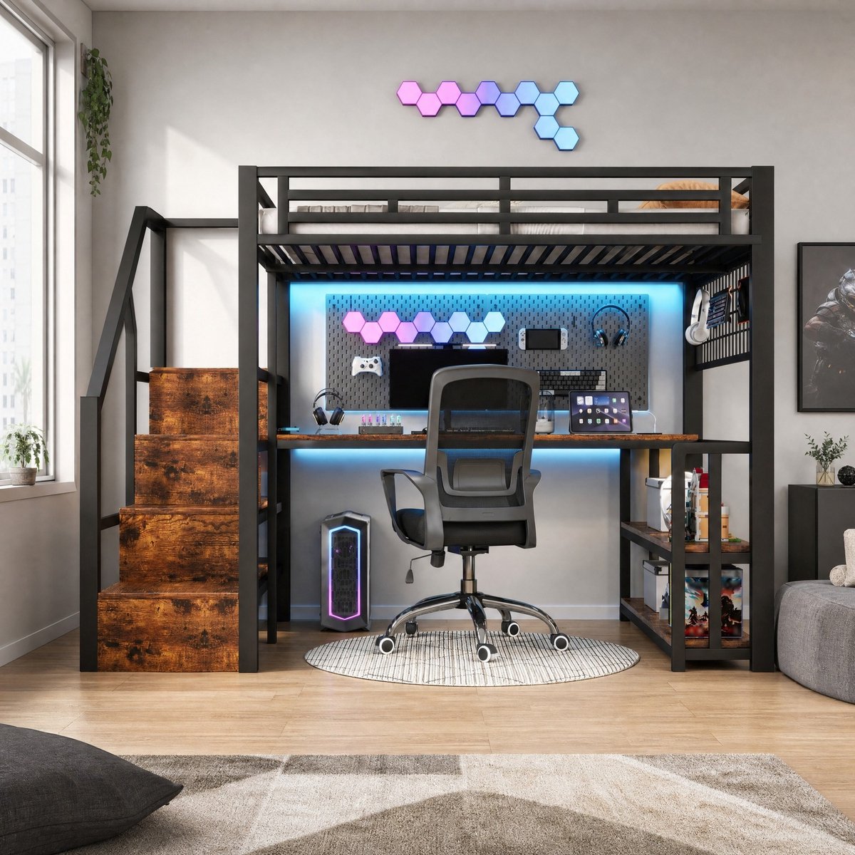 COVREO Hoogslaper 140x200 cm zwart, metaal en MDF, met bureau en trapkast
