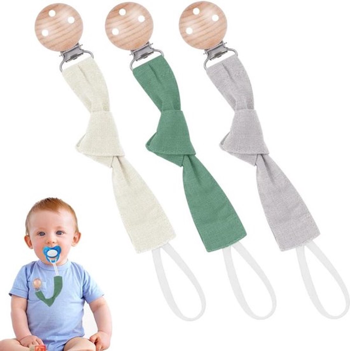 Fopspeenclip katoen ketting voor baby's - 3 stuks - jongens en meisjes - groen - cadeau.