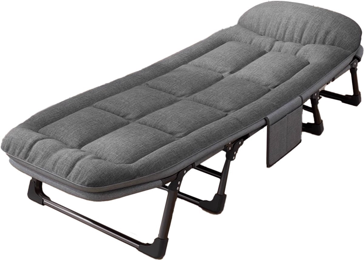 Veldbed - Camping bed - Logeerbed met Kussen- Opvouwbaar Kampeerbed - 190x66x30 cm - Strandbed - Versterkt 8-Poots - Met 3x Lendensteun - Stevig Kussen - Inklapbaar - Antraciet/Grijs - Ideaal voor Tuin, Kamperen & Reis