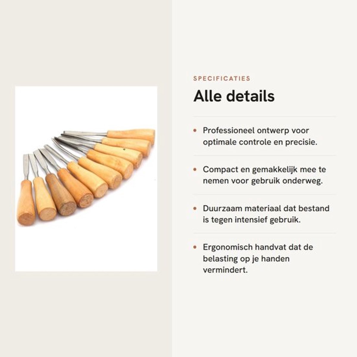 Beitelset 10 Stuks - Houten Handvat - Hoge Hardheid - Houtbewerking - Ergonomisch Ontwerp - Geschikt voor Houtgravure - Houtgraveerset