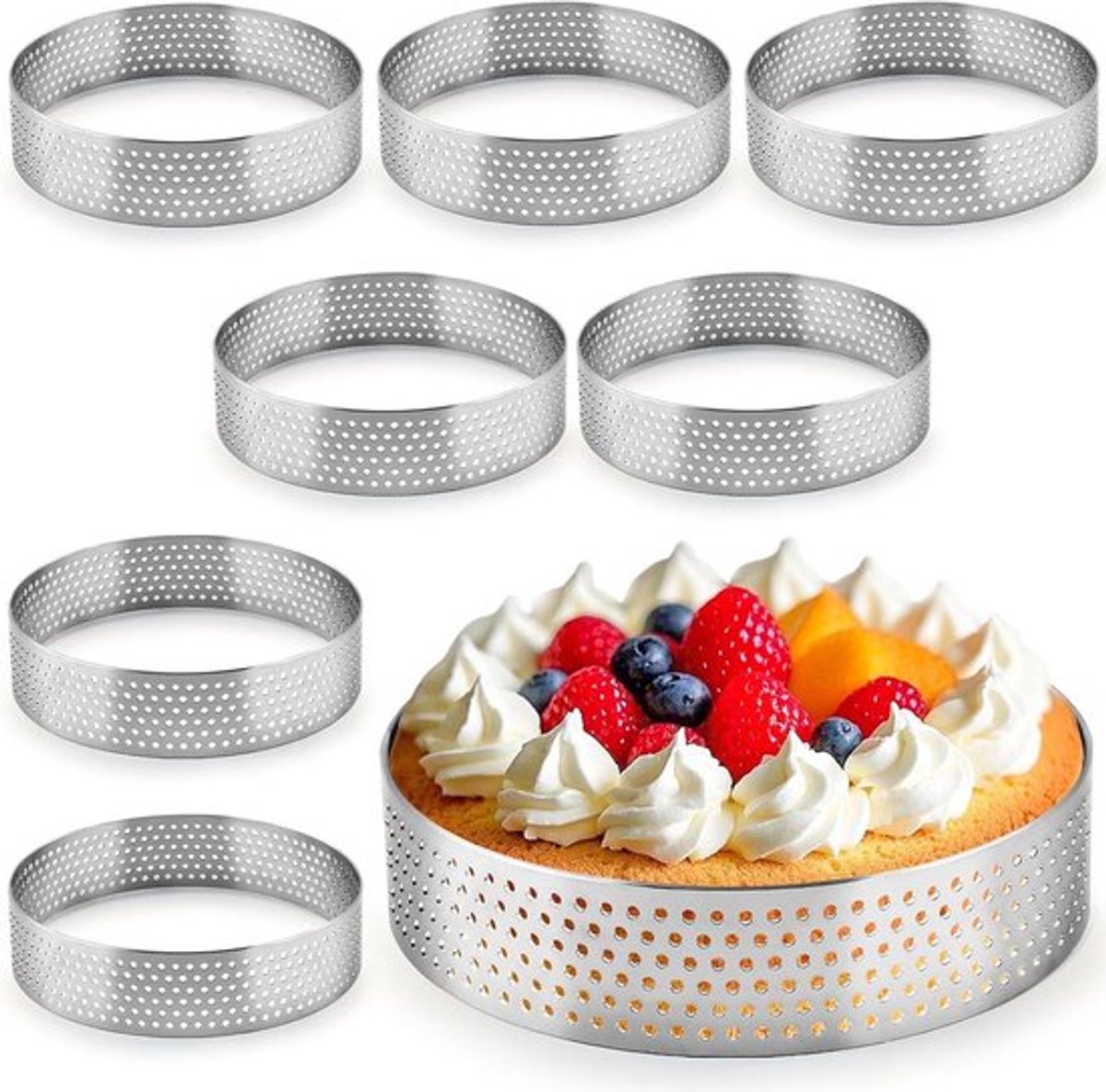 Set van 8 mini tarteletvormpjes van roestvrij staal - 8 cm - Bakaccessoires voor desserts - Dessertvormpjes met ventilatiegaten - DIY bakringen
