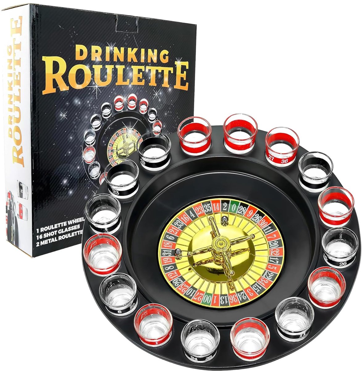 Roulette Drankspel 16-delig – Met Shotglazen – Voor 2-8 Spelers – Rood/Zwart – Partyspel