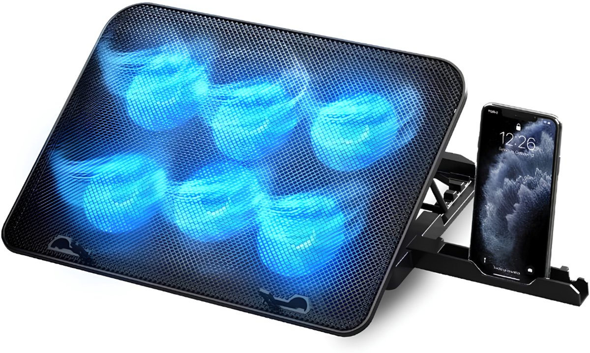Lìon® Laptop Cooler - Laptop Cooler Verstelbaar - Laptop Koeler - Zwart/Blauw - 35cm x 25cm x 2cm