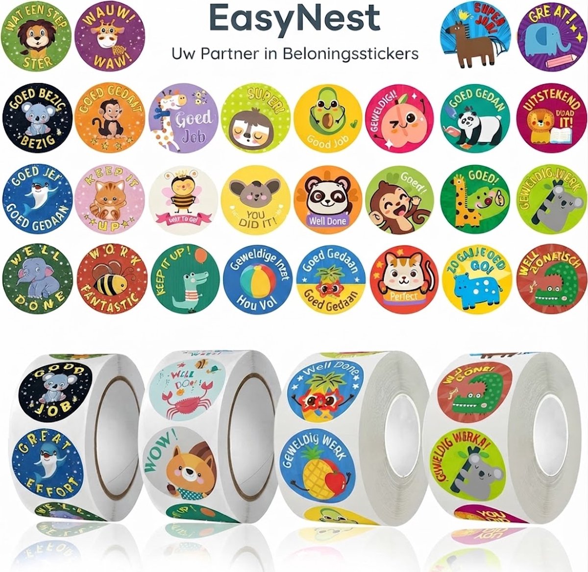 Beloningsstickers Set 2000 Stuks – 4 Rollen Motivatiestickers met Dierenmotieven – Zelfklevende Stickers voor School, Klaslokaal en Beloningskaart