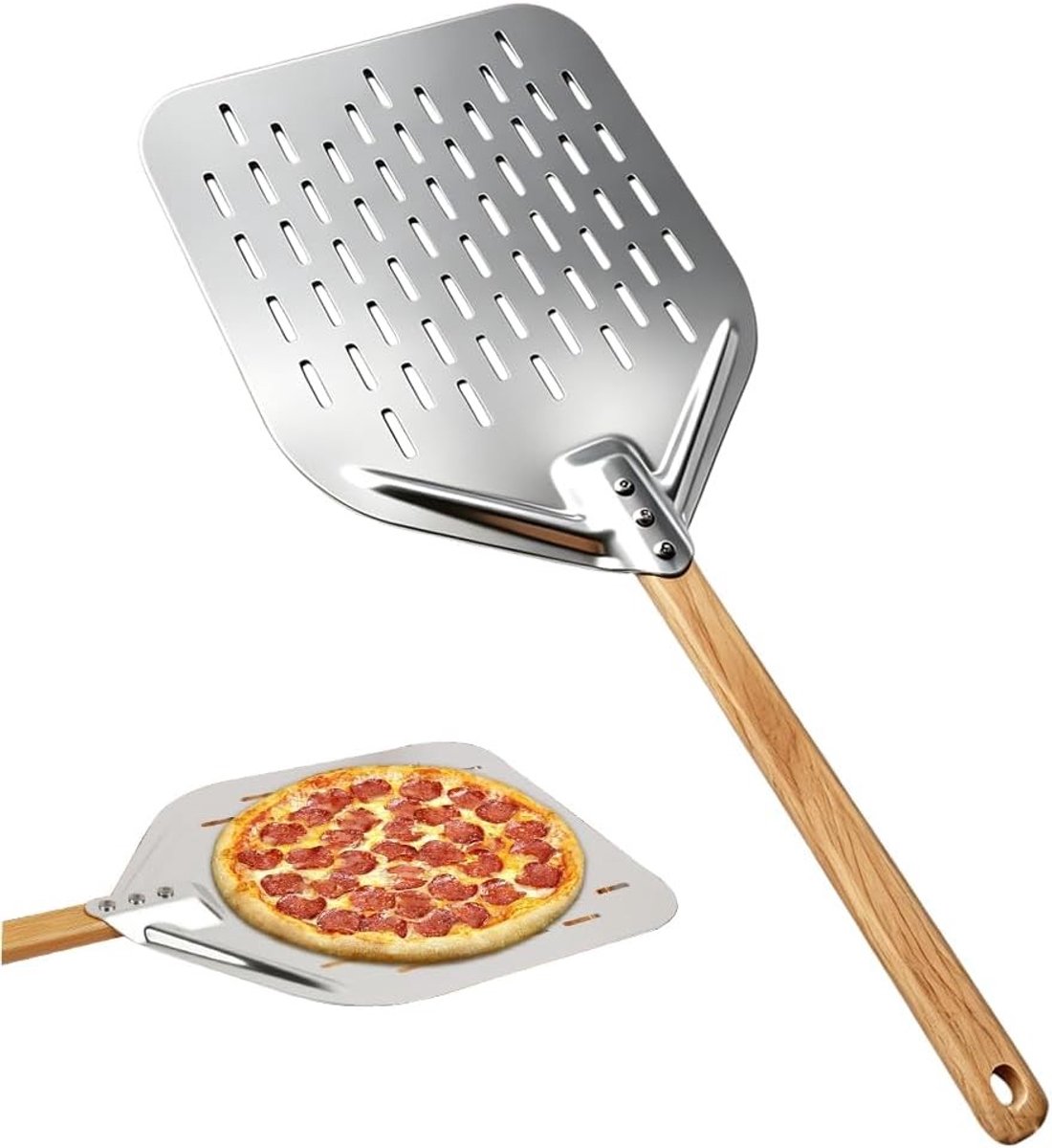 Geperforeerde Pizzaschep - Zilver - 39,5 x 30 x 2 cm - Aluminium met Afneembare Houten Steel - Voor Thuis en Professioneel Gebruik