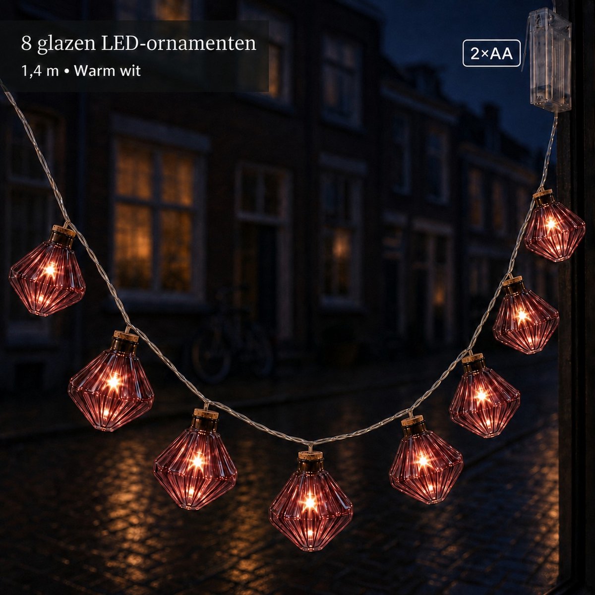 EasyMart Kerstverlichting Rood Roze - Diamant Kerstlampjes - LED Kerstverlichting - Decoratieve Lichtslinger - Kerstdecoratie voor Kerstboom, Woonkamer en Cadeau - 8 Lampjes - 1,4 m - Warm Wit