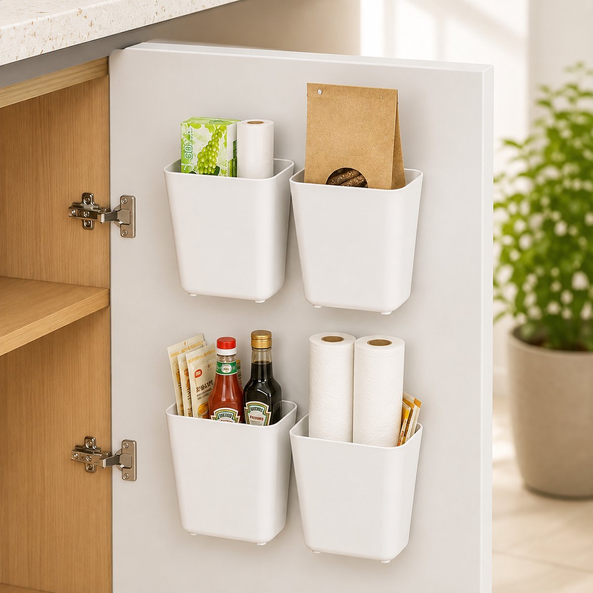 4-delige zelfklevende opbergdoos voor kastdeuren – wandgemonteerde organizer voor keuken, badkamer en koelkast – zonder boren, ABS-kunststof