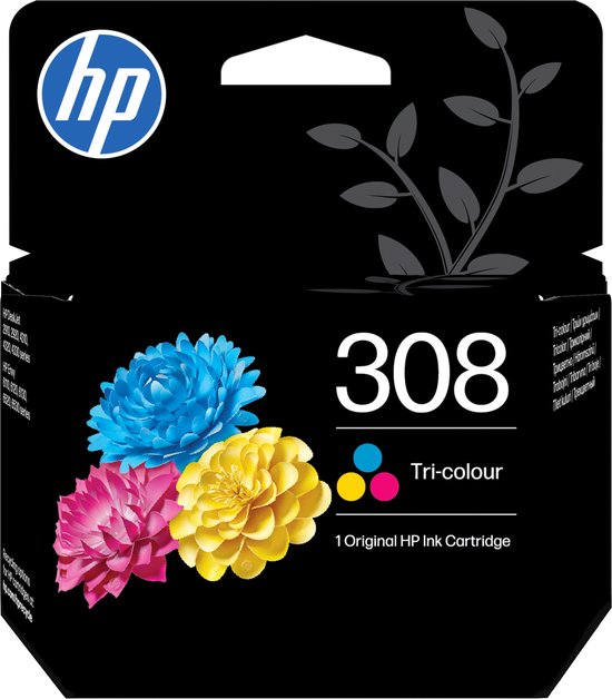 Emballage de cartouche d'encre HP 308 Tri-couleur d'origine avec trois fleurs colorées : rose, jaune et bleu.
