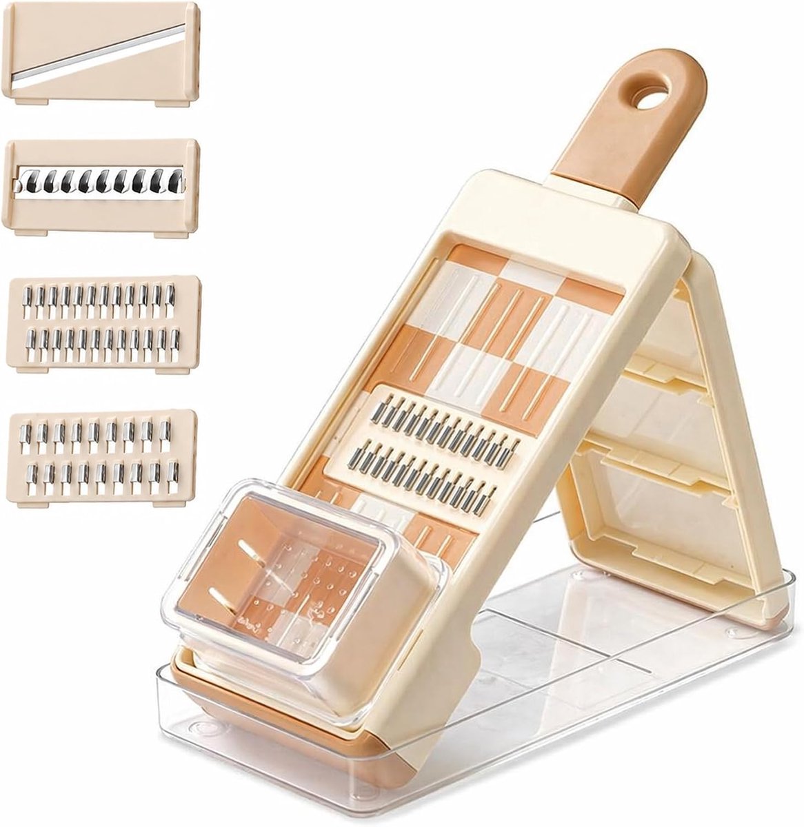 Bobypet - 7-in-1 Mandoline Groentesnijder - Opvouwbare Keukensnijder met 4 RVS Messen - Multifunctionele Uiensnijder & Julienne Snijder met Opvangbak - Wit