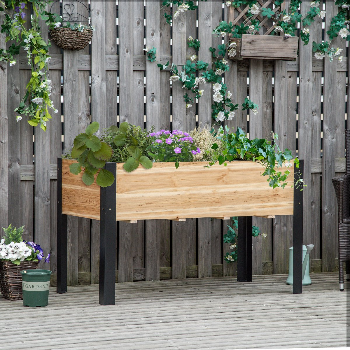 COVREO Staande plantenbak 120x60x74 cm zwart hout en staal, voor binnen en buiten