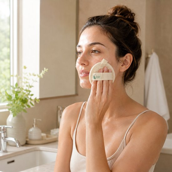 Een vrouw met opgestoken haar gebruikt een crèmekleurige loofah pad op haar natte gezicht, in een badkamer.