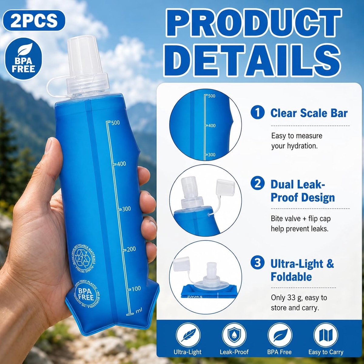 2 Stuks Soft Flask - Drinkfles Hardlopen - Opvouwbare Waterfles - draagbaar - BPA-vrij - Siliconen - Lekvrij - voor Hardloopvest, Hiking & Fietsen - blauw — cadeau in Sport & Outdoor - foto 4