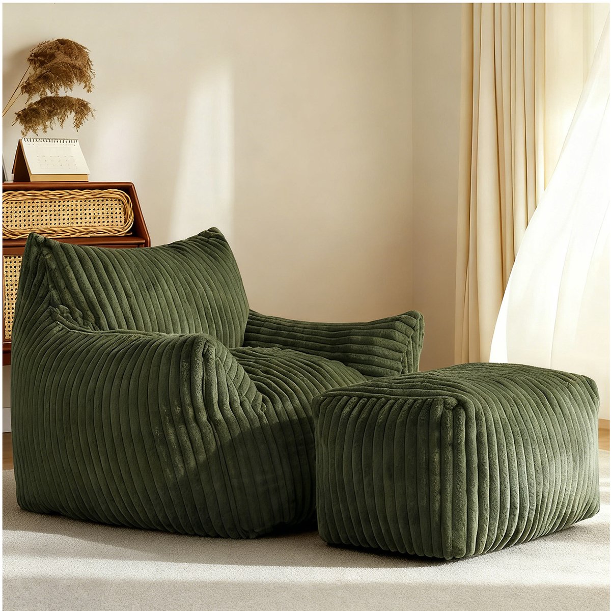 COVREO Zitzak loungestoel met hocker 103x90x70 cm groen ribstof, met rugleuning