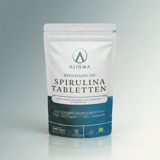 Witte verpakking met 'ALIGMA BIOLOGISCHE SPIRULINA TABLETTEN' in het Nederlands. Bevat 1000 gram.