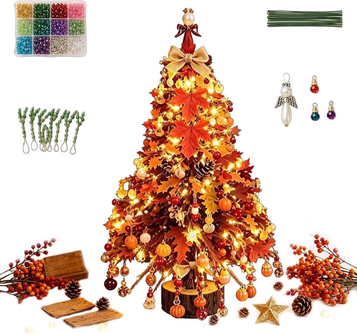 DIY Kralen Kerstboom Knutselpakket | 3D Kristal Kralen Feestknutselset | Kleurrijke Kralen & Ornament Bedels | Warme Gloed Tafeldecoratie | Ontspannend Handwerkproject voor Feestdagen Geschenk (Stijl D herfstzonnestralen)| Cyslmuk®