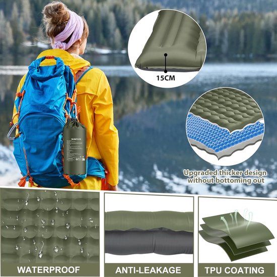 Zelfopblazende Slaapmat - Luchtbed Kamperen - Outdoor Slapen - 12 cm Dik - 200x68 cm - Legergroen — afbeelding 2