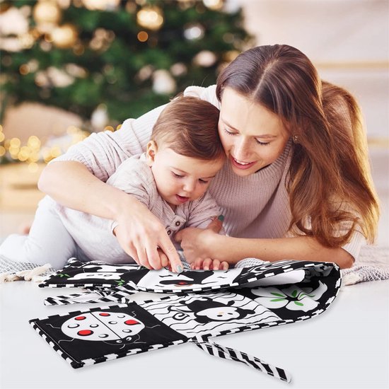 Zwart-wit babyboek, babyboek van zachte stof met hoog contrast voor pasgeborenen van 0-6-12 maanden, speelgoed voor buikligging, sensorisch speelgoed voor vroege educatie, cadeau voor jongens en meisjes, Lieveheersbeestje Stijl — afbeelding 2