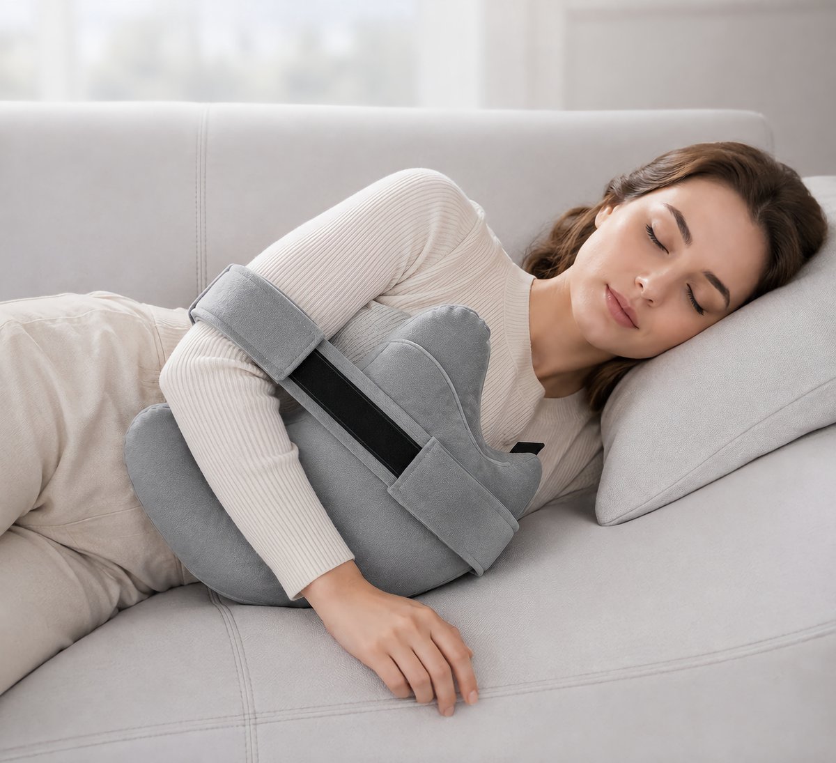 Grijs zijligkussen met armsteun – Comfortabel slaapkussen met armsteun – Biedt ondersteuning tijdens het slapen - Verbeterde versie + draagriem
