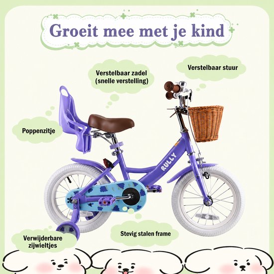 Rully Meisjesfiets - 12/14/16 inch - Fruitendesign - Met Zijwieltjes, Bruine Rieten Mand en Poppenzitje -Paars — afbeelding 2