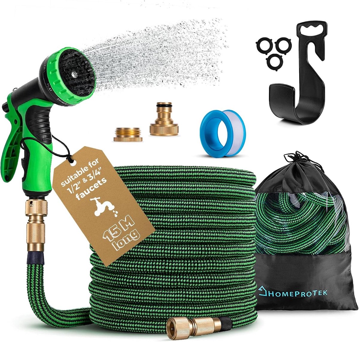 Uitbreidbare Tuinslang - Groen - 15 m - Flexibel met Spuitpistool en 9 Spuitpatronen - Voor Tuin en Auto