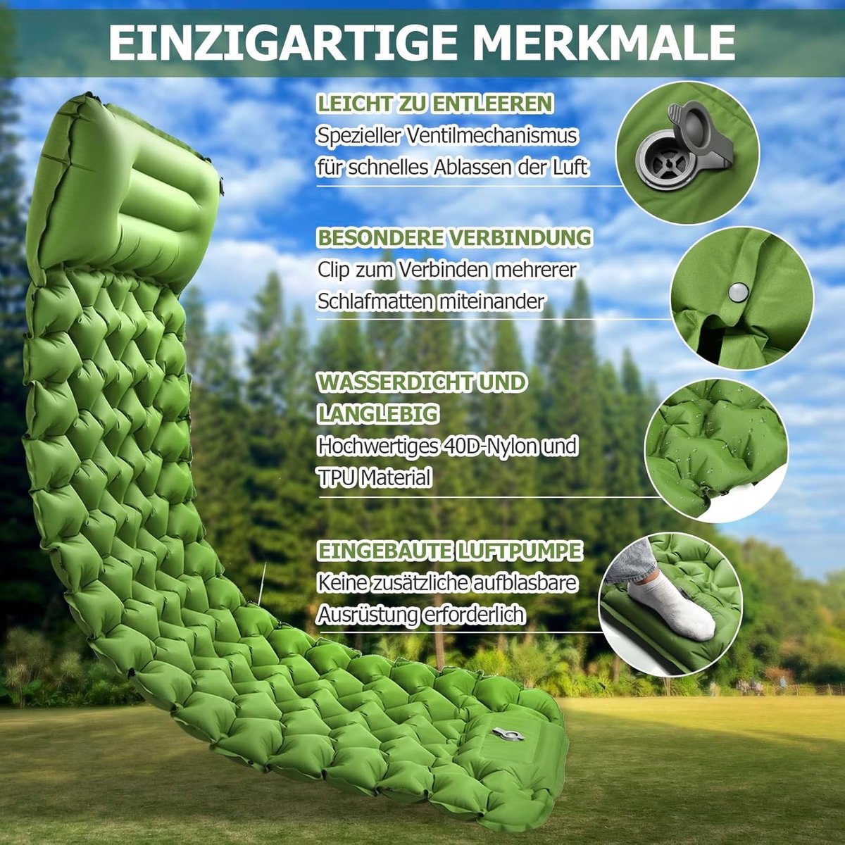 Luchtmatras - Groen - 10 cm Hoog - Opblaasbare Isolatiemat met Ingebouwde Voetpomp - Voor Outdoor en Camping