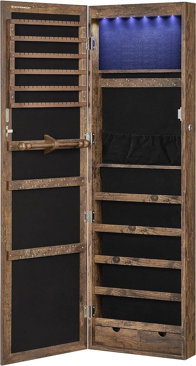 Hangende Sieradenkast Met LED Verlichting - Sieraden Organizer Met Spiegel - Afsluitbare Juwelenkast Voor Deur Of Muur - Sieradenrek Met Vakjes En Haakjes