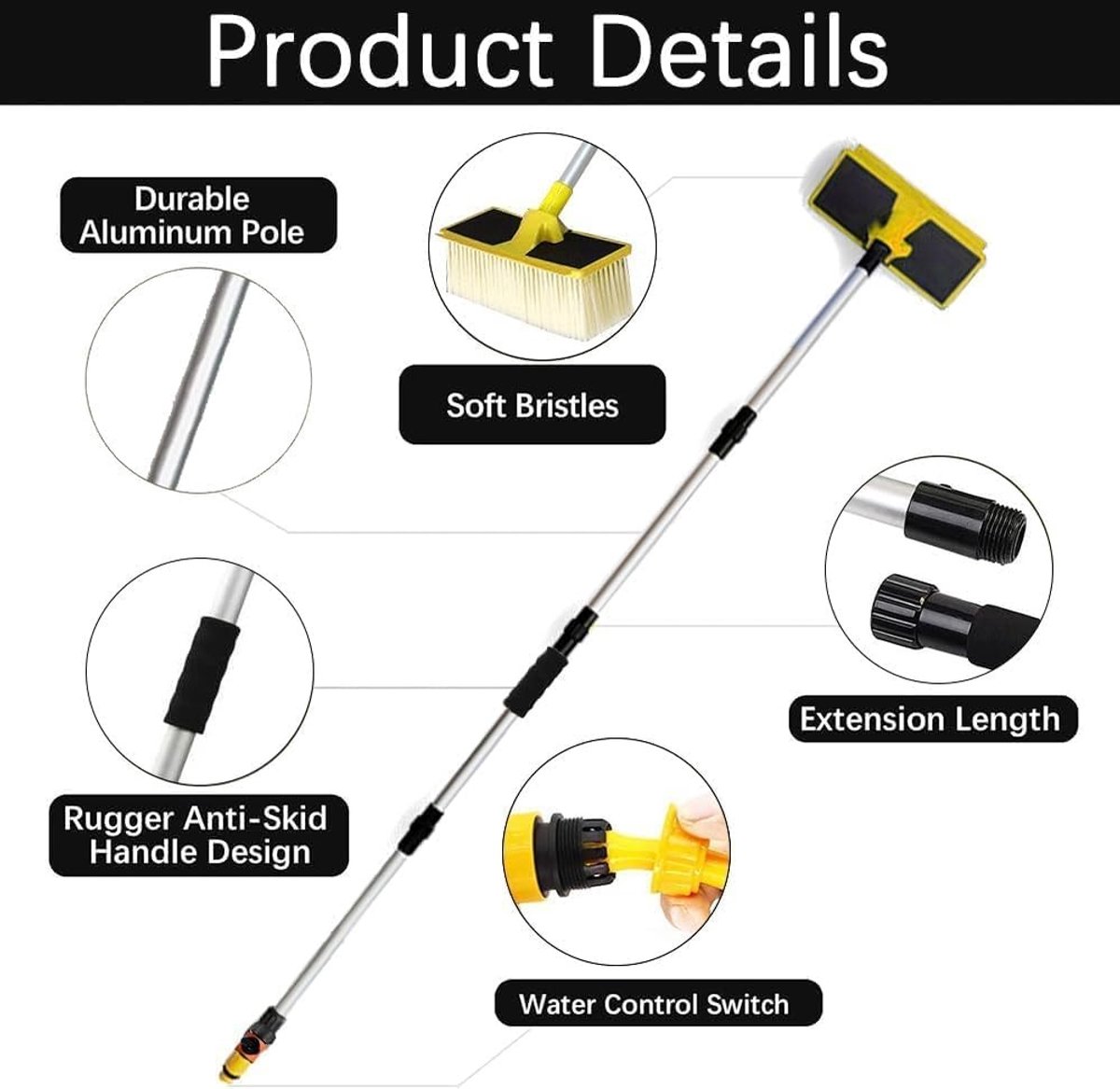 Wasborstel voor auto - Geel - 168 cm - Telescoopwasborstel met Wateraansluiting - Voor Auto, Caravan en Vrachtwagen