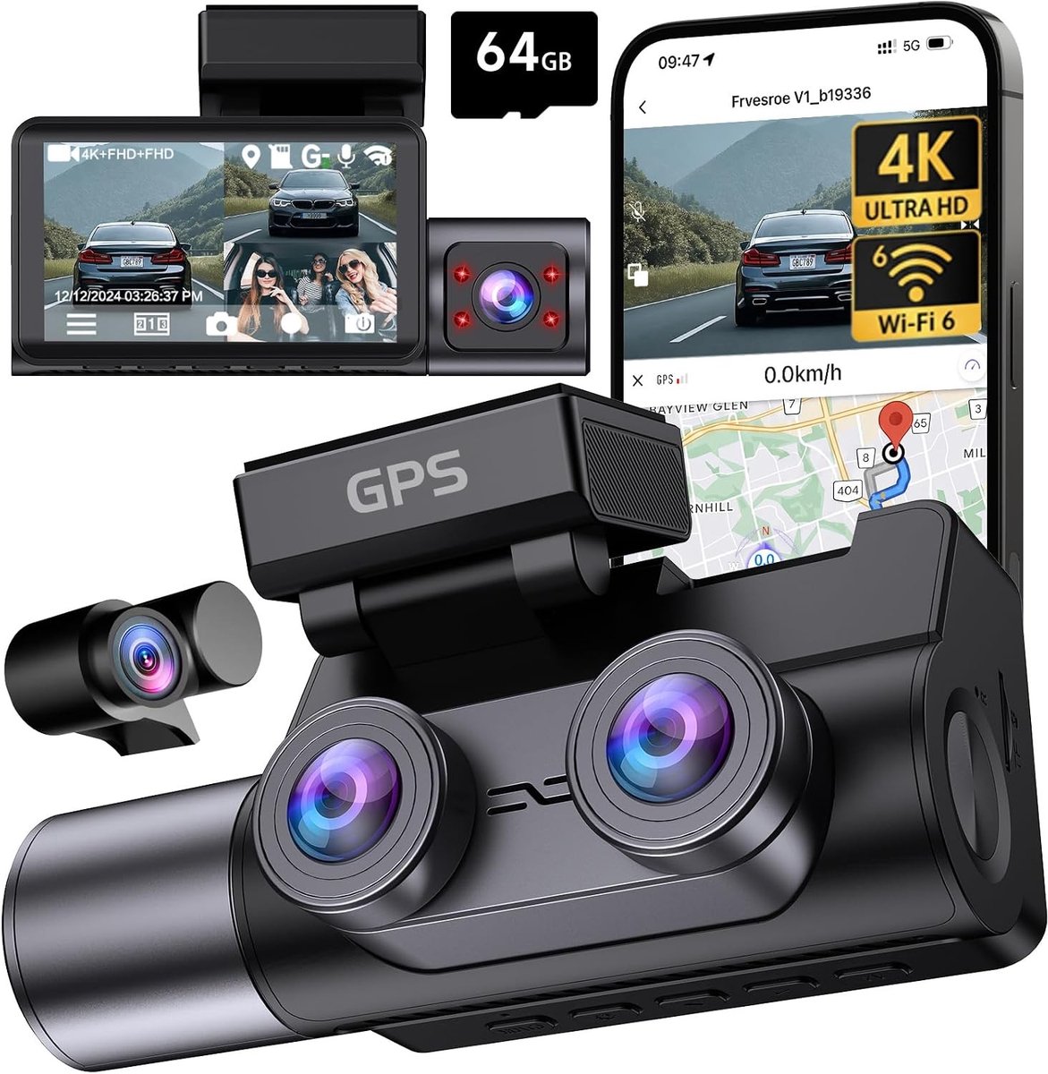 Dashcam - Zwart - 3-Kanaals - 4K UHD met 64GB Geheugenkaart - Voor Auto's