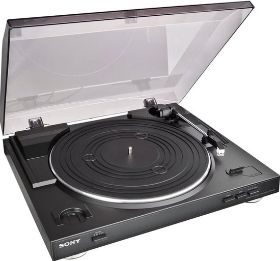Zwarte Sony platenspeler met open deksel en draaitafel, details zichtbaar.