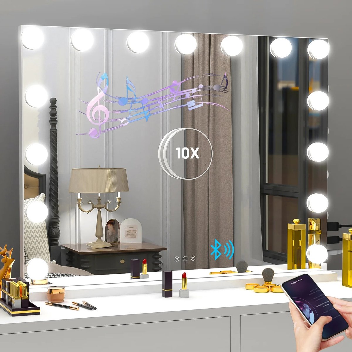 GDE - Hollywood Spiegel met Verlichting – Make-up Spiegel – LED Make-upspiegel – Bluetooth Speaker – 10x Vergrootspiegel – Dimbaar – Touchbediening