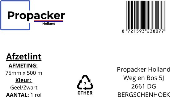 Verpakking met 'Propacker Holland' logo. Afzetlint, geel/zwart, 75mm x 500m.