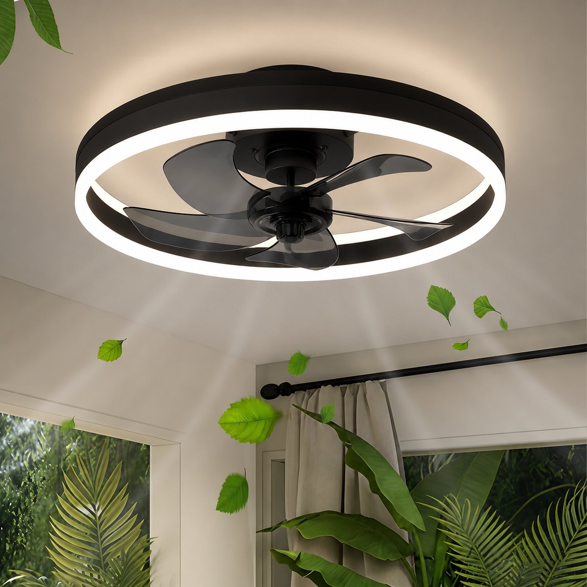 Plafondventilator met LED Verlichting – Rond – Afstandsbediening – Dimbaar – 3 Lichtkleuren – Stille Ventilator – Moderne Plafondlamp voor Slaapkamer, Woonkamer en Eetkamer – Zwart