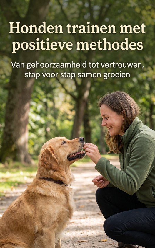 Vrouw met groene trui voert een golden retriever, met tekst Honden trainen met positieve methodes.